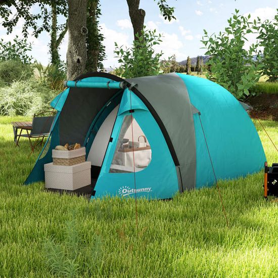 Tente Camping 4 Personnes Outsunny - Dôme Familial Imperméable 3000mm - Fenêtres Et Porche Inclus