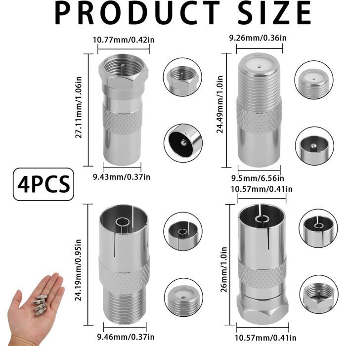 Lot De 4 Répartiteurs Antenne TV RF Coaxial - Séparateur Mâle/Femelle Pour TV, Multi Box, VCR, DVR