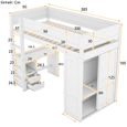 Lit mezzanine 90x200 cm avec équipé d'armoire et bureau, lit mezzanine 1 place avec sommier à lattes et tiroirs, bois massif, blanc-3