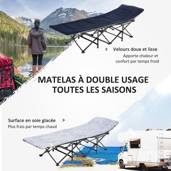 Lit De Camp Lit D'appoint Pliable - Pochette Rangement, Tétière, Sac De Transport Matelas Inclus Metal Oxford Gris