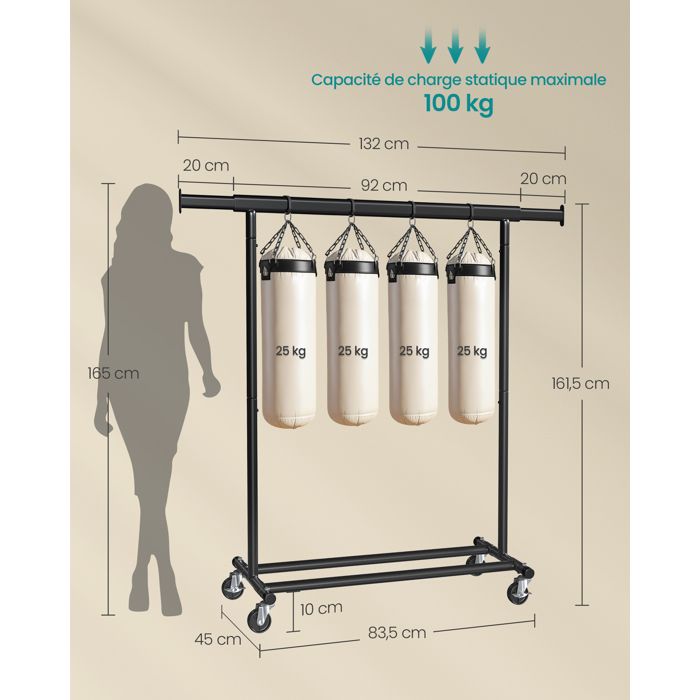 Portant Vêtements Mobile Sur Roulettes SONGMICS - 110kg Capacité - Métal Industriel Noir - Réglable 198cm - Range Dressing