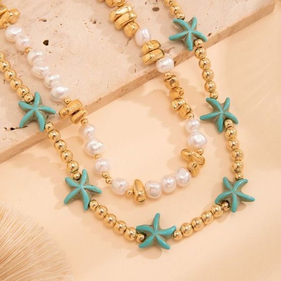 Collier Bohème Plage - Perles Colorées, Étoiles De Mer, Coquillages - Longueur Réglable - Pour Femme, Cadeau D'Été - 3