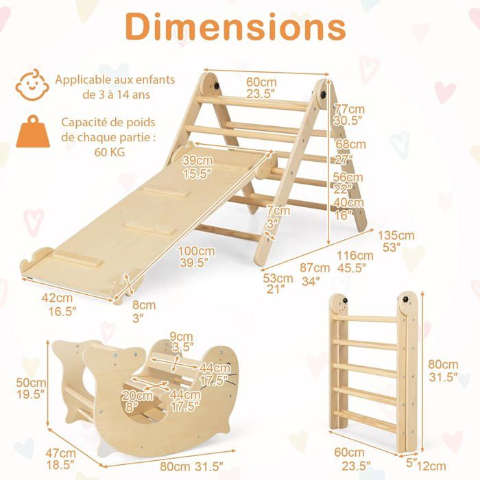 Triangle D'Escalade Montessori 7 En 1 Pliable - Double Rampe, Escabeau Avec Tableau Noir, Table Et Chaise, Tour D'Apprentissage - Pour Enfants 3-14 Ans (Naturel)