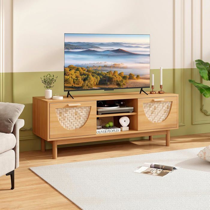 Meuble TV Bambou 140 Cm - 2 étagères - Design Naturel - Pour Salon Ou Chambre