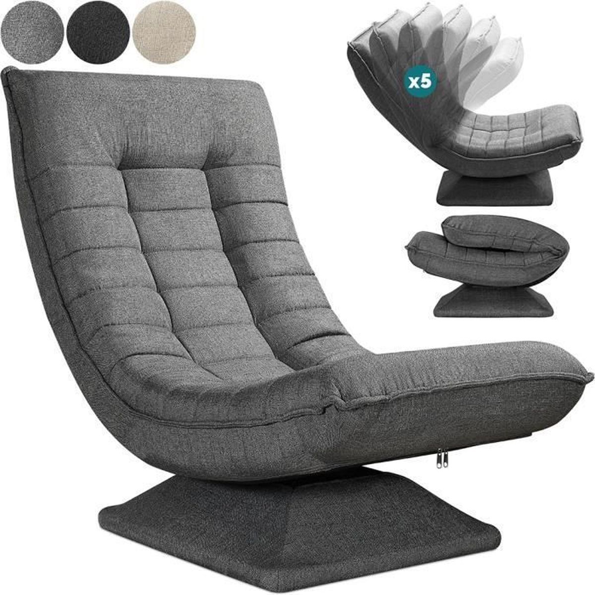 Fauteuil Pivotant 360° , Avec Coussins Tissu Chenille Gris