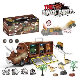 VOITURE - CAMION Jouet de dinosaure - AMOUNE - Transporteur Voiture avec Figurine, Lumières et Musique - Marron - Mixte - 3 ans+
