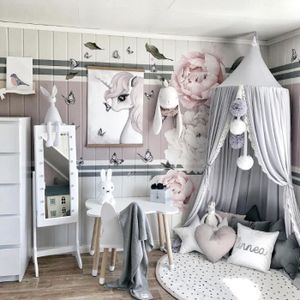 Alcube Kit de décoration avec ciel de lit, fanions et guirlande lumineuse,  pour lits cabanes de 2 m de long, blanc/gris, pour chambre d'enfant et de  bébé garçon ou fille, une invitation