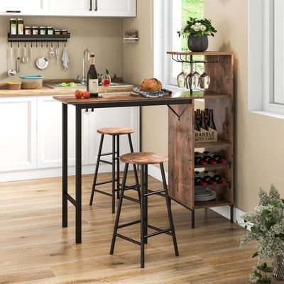 RELAX4LIFE Table Haute Avec Tabourets - Mange Debout Bar Industriel Avec Porte-Verre Et Porte-Bouteille - Marron