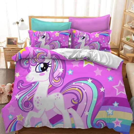 Parure De Lit Enfant Licorne 100x135 Cm + 40x60 Cm - 100% Coton Imprimé, Fermeture Éclair, Douce Et Facile D'Entretien
