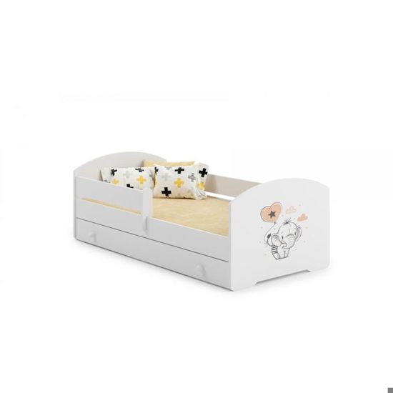 Lit Enfant LUK 180x80 Cm - Avec Barrière De Sécurité, Tiroir Et Matelas Inclus - Blanc - Charge Max 110 Kg