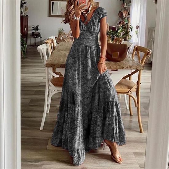 Robe Longue Bohème Femme - Imprimé Paisley, Bretelles Spaghetti, Volants, Manches Ballon - En Polyester, Pour Cérémonie, Soirée, été