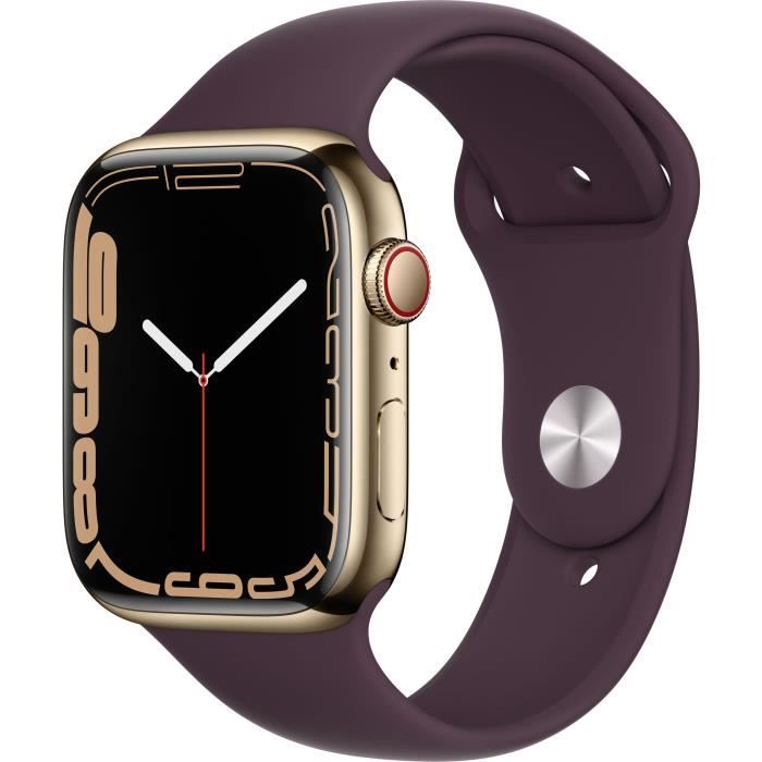 Apple Watch Series 7 GPS + Cellular - 45mm - Boîtier Gold Stainless Steel - Bracelet Dark Cherry Sport Band