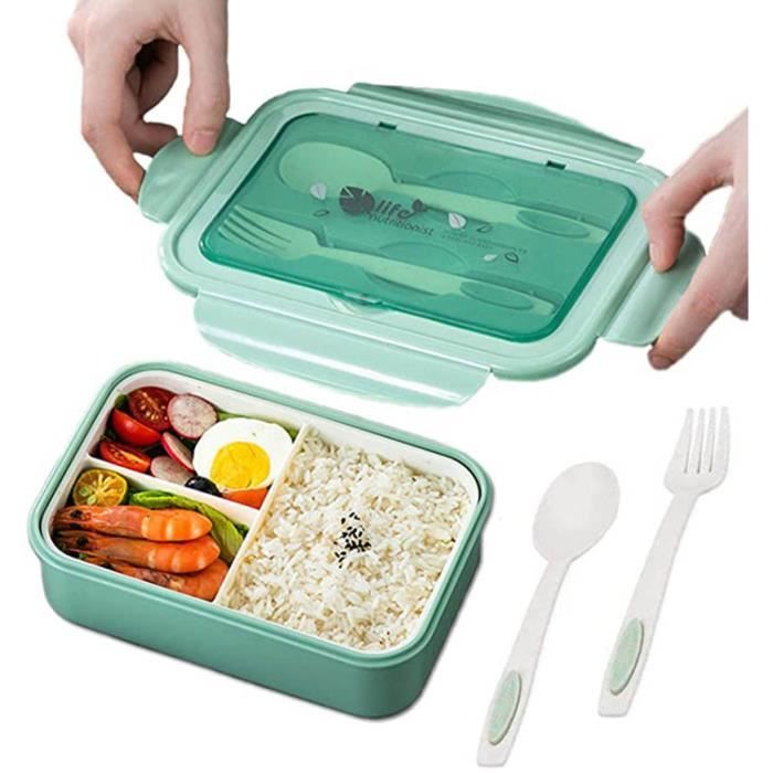 Boîte à Déjeuner, en Plastique, Boîte à Repas Vert avec Trois Compartiments et des Couverts (Fourchette et cuillère)