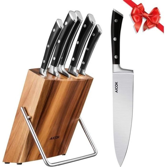 Aicok Couteaux de Cuisines Professionnels, Ensemble de Couteaux, 6 Pièces Set Couteaux Cuisine en Acier Inoxydable, Bloc de Couteaux