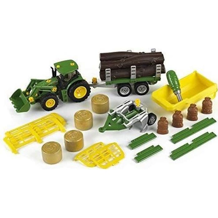 KLEIN - Tracteur JOHN DEERE avec benne, charrue & remorque