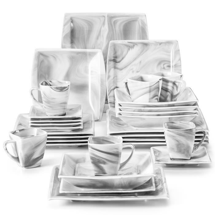 Service de Table 30 pièces en porcelaine Gris- Malacasa Série Blance