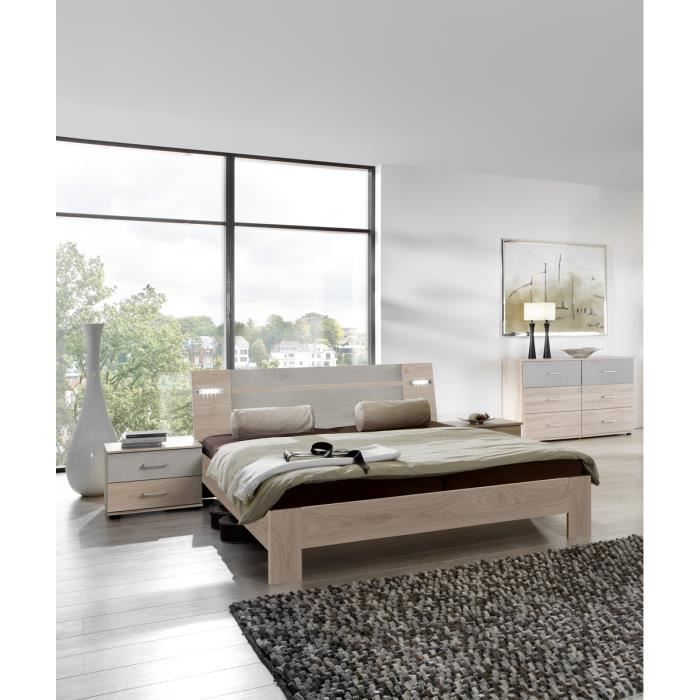 Ensemble chambre adulte en Imitation chêne Hickory, rechampis teinte beton gris clair - 160 x 200 cm
