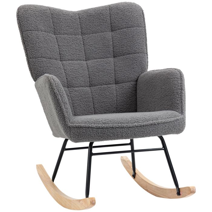 Fauteuil à bascule - HOMCOM - revêtement effet laine bouclée - structure en acier - pieds en bois massif - Gris foncé