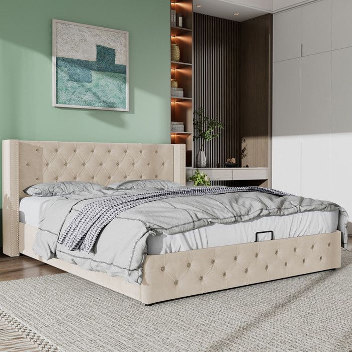 Lit double 180x200 cm en tissu velours - tête de lit rembourrée lit adulte coffre - fonctionnel hydraulique rangement beige