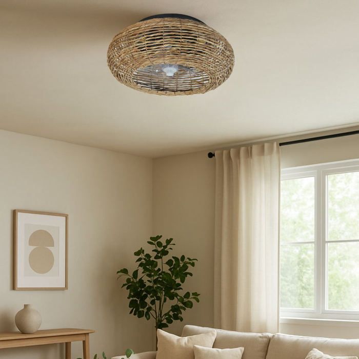 Ventilateur de plafond en rotin avec lumière – Moteur à courant continu et télécommande - F Bright