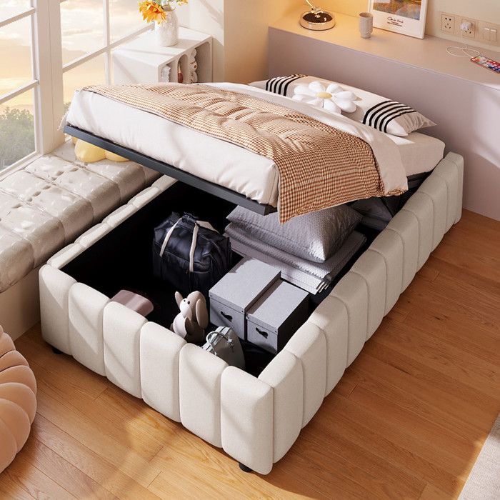 Lit simple 90x200 cm Lit coffre Lit rembourré Lit adulte Lit enfant Lit 1 Personne Sans tête de lit Beige