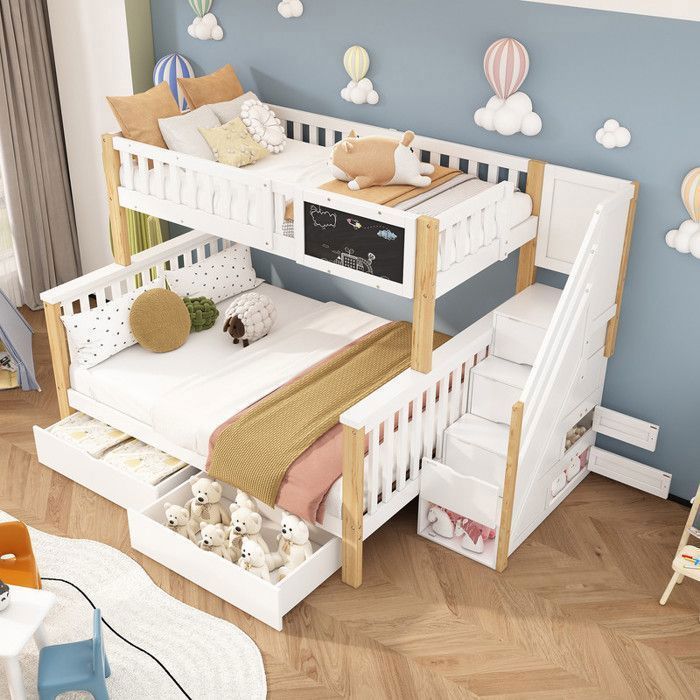 Lit superposé enfant 90/140x200 cm lit trois places escalier de rangement et 2 tiroirs tableau noir barrières de sécurité blanc