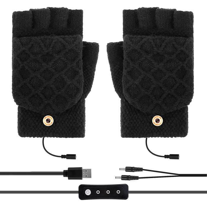Gants Chauffants USB - Marque - Modèle - 3 Réglages - Mains Chaudes - Doigts Complets et Demi-Doigts - Noir Noir
