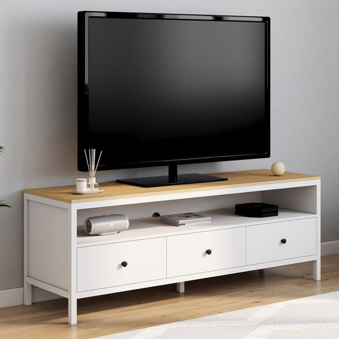 ID MARKET meuble tv ACHILLE 3 tiroirs 150 cm blanc à poser