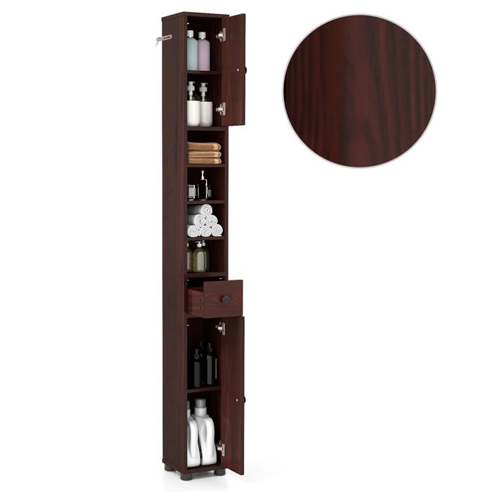 COSTWAY Meuble Colonne de Salle de Bain avec 2 Placards à Porte 1 Tiroir et 4 Étagères Réglables 20 x 20 x 180 cm Brun COSTWAY Meuble Colonne de Salle de Bain avec 2 Placards à Porte 1 Tiroir et 4 Étagères Réglables 20 x 20 x 180 cm Brun