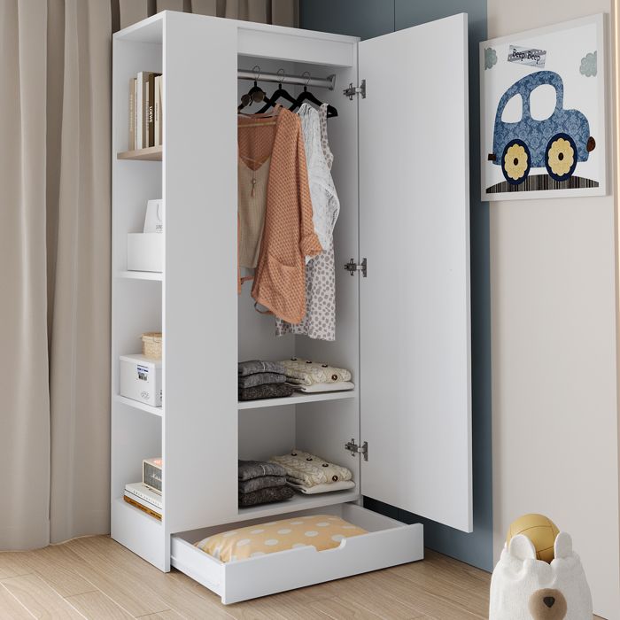 Armoire une portes Garde-robe avec tiroirs et compartiments de rangement tringle à vêtement Commode 170 x 70 x 40 cm (H/L/P) Armoire une portes Garde-robe avec tiroirs et compartiments de rangement tringle à vêtement Commode 170 x 70 x 40 cm (H/L/P)