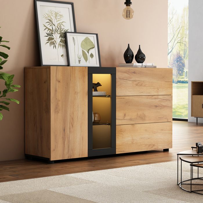 Buffet design 140 cm avec 3 tiroirs et finition verre - Rangement élégant et design épuré pour salle à manger