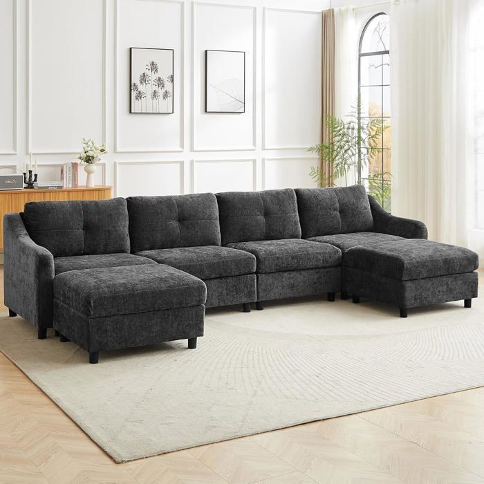 JIEXI Canapé dangle convertible Canapé en velours côtelé canapé-lit 251 cm (Gris 4 sièges + 2 tabouret)