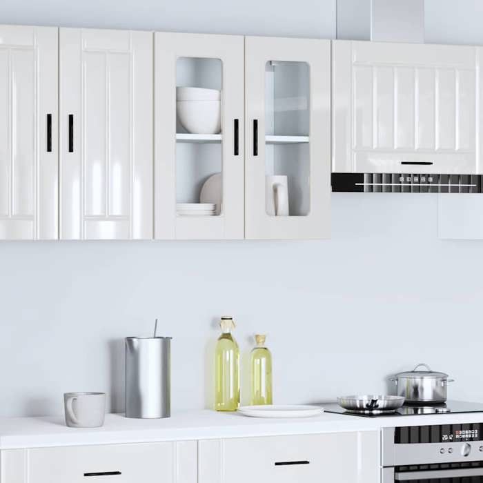 SALE 2026 Placard suisine Blanc - Armoire murale cuisine avec porte en verre Porto blanc brillant PRO128399064