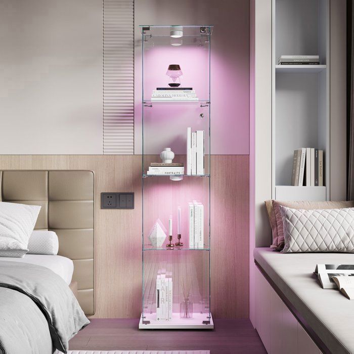 Vitrine en Verre Vitrine Armoire pour Collection avec Portes et Serrure Lampe LED tactile-1 porte-4 étages-40×35×163 cm-Salon-Blanc
