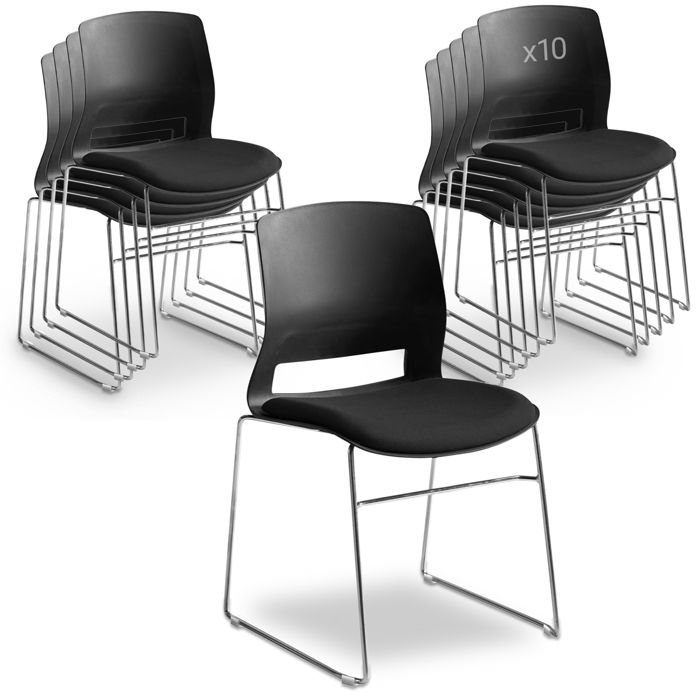 Lot de 10 Chaises bureau visiteur Noire – Empilables - Coque polypropylènes et assise tissu – Pied fil acier chromé rigide