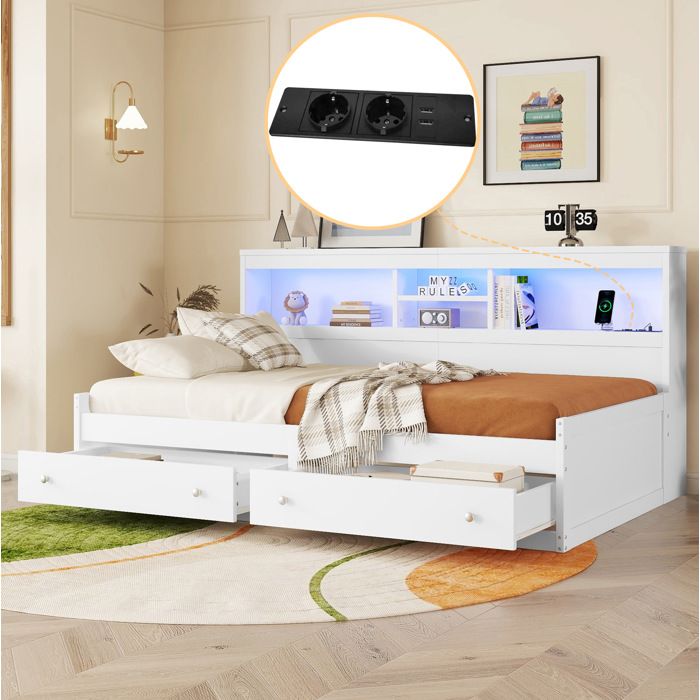 Lit banquette enfant 90×200 cm. LED. avec rangement. 2 tiroirs. prise + port USB. sans matelas. blanc