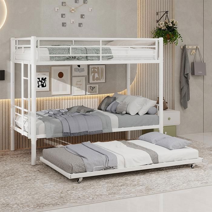 Lit Superposé Triple 90x190 cm en Métal Convertible en 2 Lits avec Échelle Antidérapante et Barrières de Sécurité - Blanc