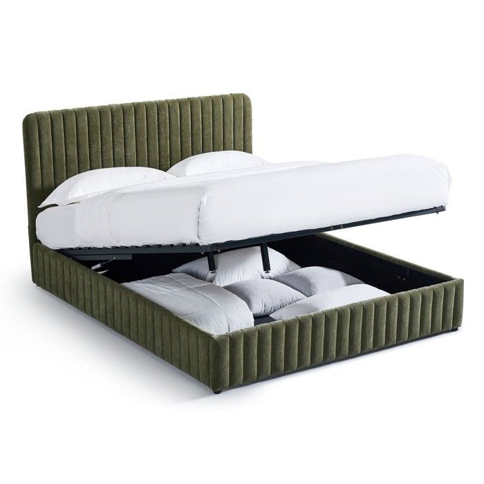 Lit coffre adulte 140x190 cm avec tête de lit capitonnée en tissu chenille vert kaki - Alto