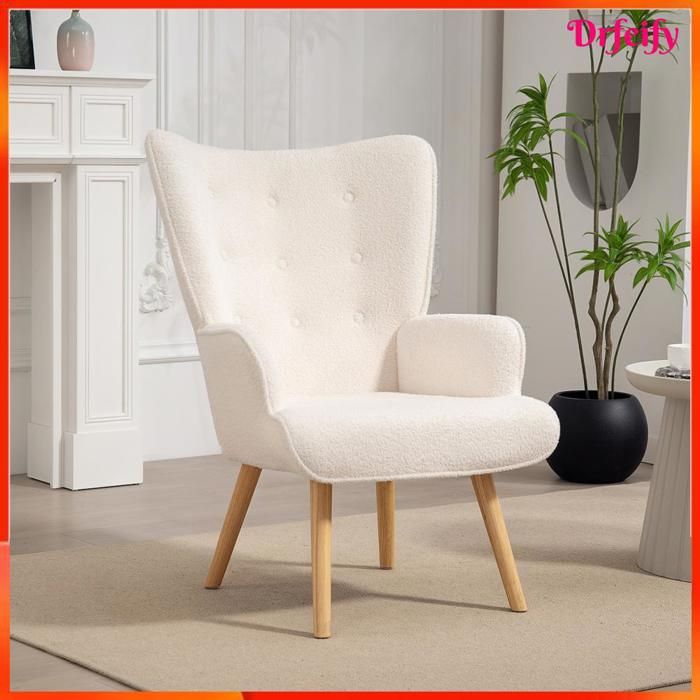 Fauteuil de salon - AKOZON - Fauteuil capitonné - Tissu bouclette - Pieds en bois dhévéa - Mousse haute densité
