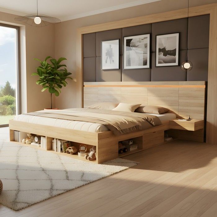 Lit Double 180x200cm Lit Coffre Enfant Bois Naturel LED + USB-C Station Charge 2 Tables de Chevet Tiroirs Sans Matelas