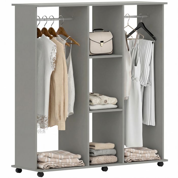Armoire penderie - HOMCOM - mobile 6 roulettes - 2 barres de penderie - 2 tablettes au milieu - en bois - 120 x 40 x 128 cm - gris
