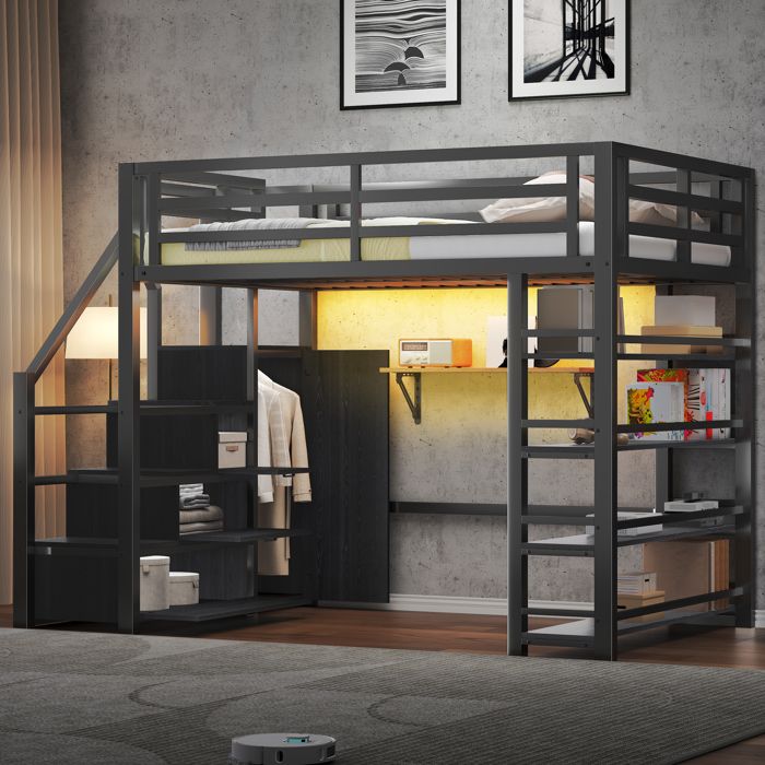 Lit mezzanine - Mezzanine 140x200 - Métal noir - Étagères & armoire avec penderie - LED Bluetooth escaliers rangements