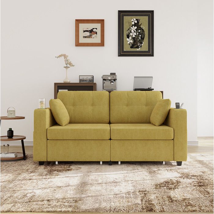 Canapé 2 places jaune moutarde L 172 x P 75 x H 82 cm USB rangement style Scandinave