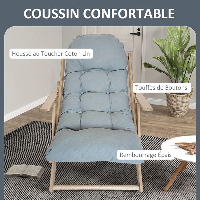 Fauteuil - PAGE LIVING - Chaise de salon pliable - Bois massif - Dossier 3 positions - Coussin capitonné amovible