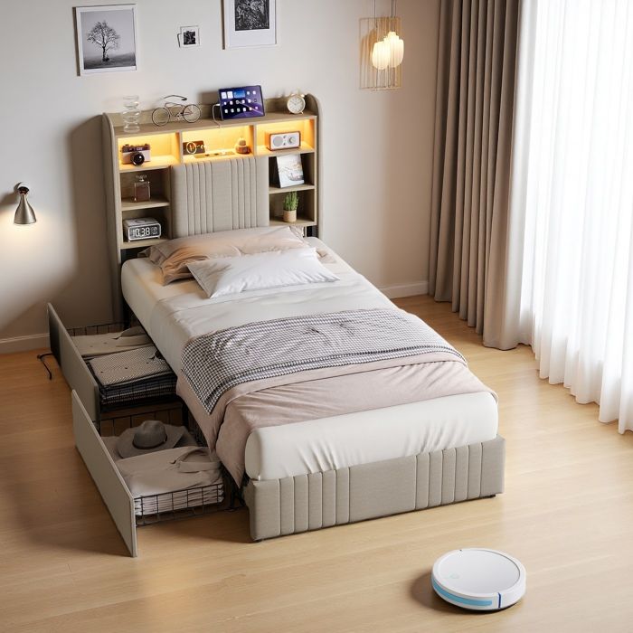 Lit coffre - URBANLUXE - Beige 90x200 - Tissu lin - 2 tiroirs - LED intégrée