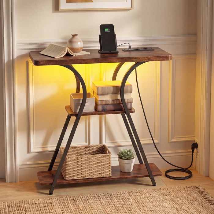Table Console en Bois COSTWAY Console Meuble avec Éclairage LED Prise de Charge 3 Rangement Étagères pour Salon Entrée Noir Table Console en Bois COSTWAY Console Meuble avec Éclairage LED Prise de Charge 3 Rangement Étagères pour Salon Entrée Noir