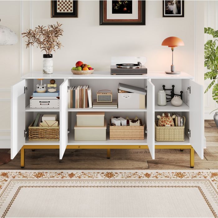 MEUVYX Buffet Blanc Brillant en MDF et Panneaux de particules Poignées et Pieds Dorés Étagères Réglables 140×40×80 cm