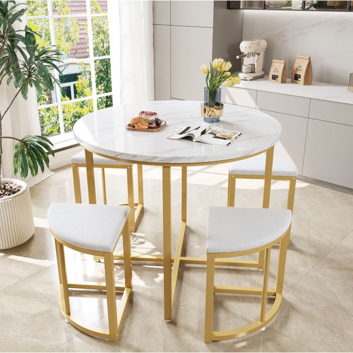 Ensemble de table à manger 4 personnes 1 table ronde 80 cm et 4 chaises velours MDF métal blanc et doré