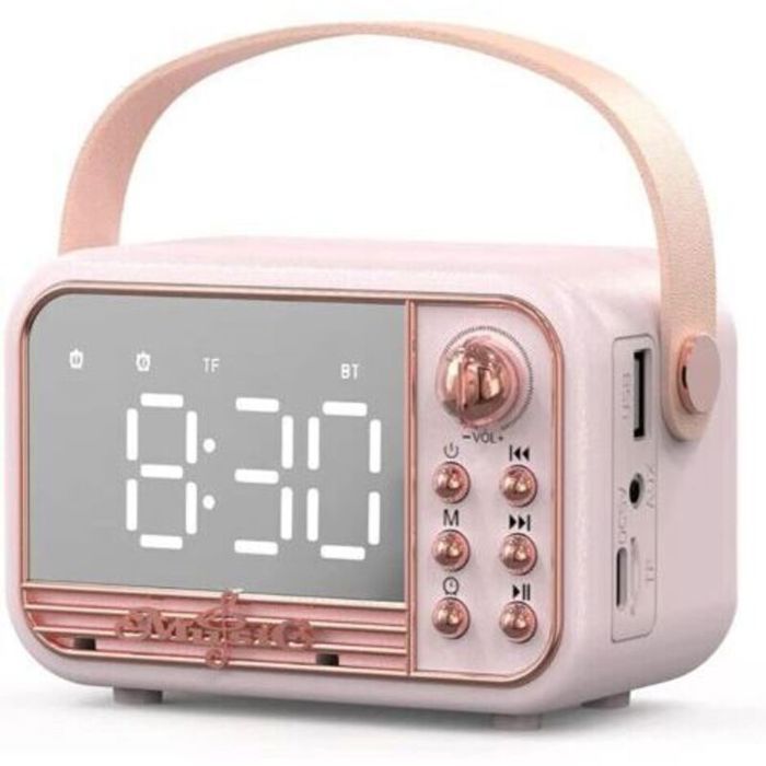 Enceinte Bluetooth rétro rose portable avec réveil volume élevé compatible avec carte TF clé USB et entrée AUX idéale pour la