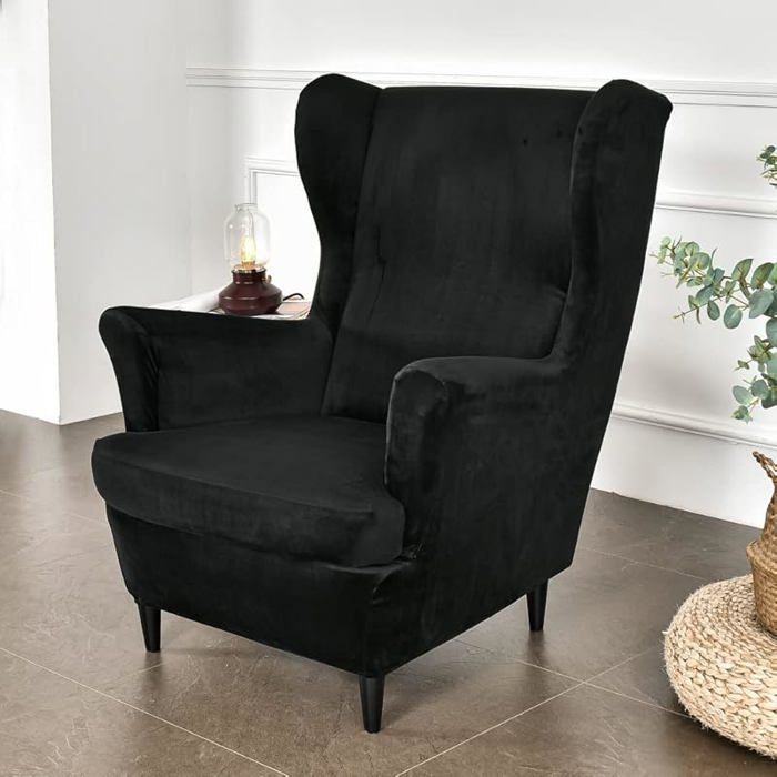 Housse de Fauteuil à Oreilles Velours Extensible 2-Pièces Couverture de Fauteuil avec Housse de Coussin en T Couleur Noir